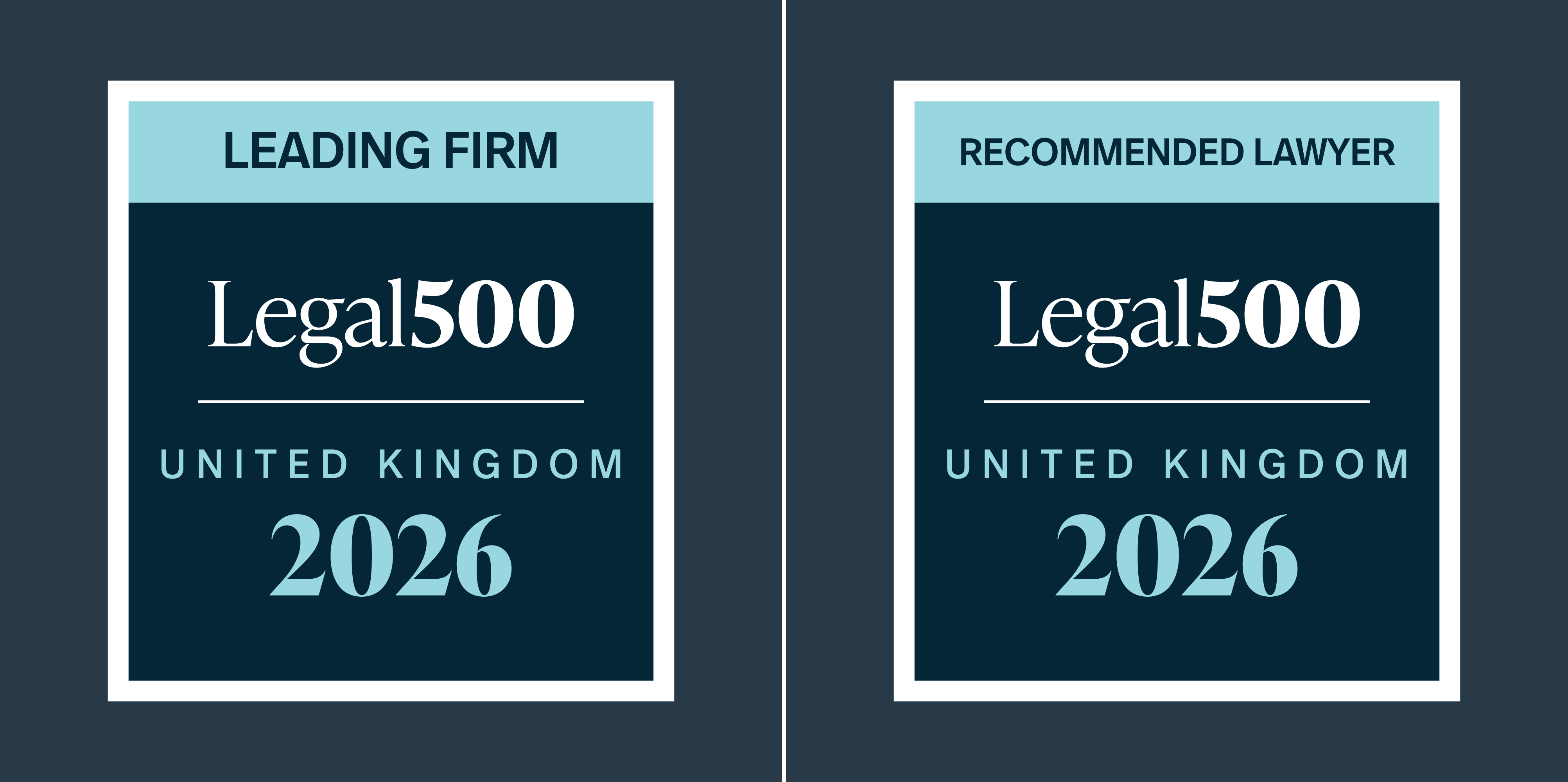 Legal 500, Leading Firm and Recommended Lawyer logos for a United Kingdom Registered Law Firm - Awarded for 2025